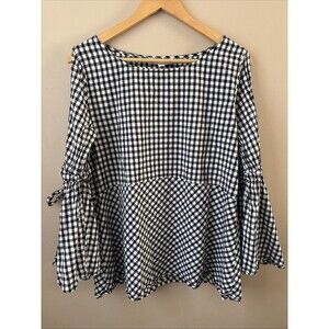 Ann Taylor LOFT Women’s Gingham Plaid Top, Tied Bell Sleeves, Size L Cottagecore